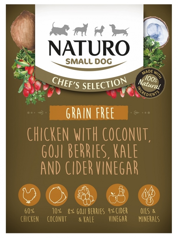 Zdjęcie Naturo Adult Dog Chef's Selection tacka dla psa Grain Free kurczak z kokosem, jagodami goi i jarmużem 150g