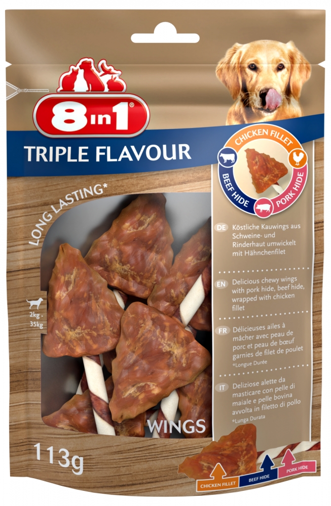 Zdjęcie 8in1 Triple Flavour Wings skrzydełka do żucia dla psów wołowina, wieprzowina i kurczak 6 szt.