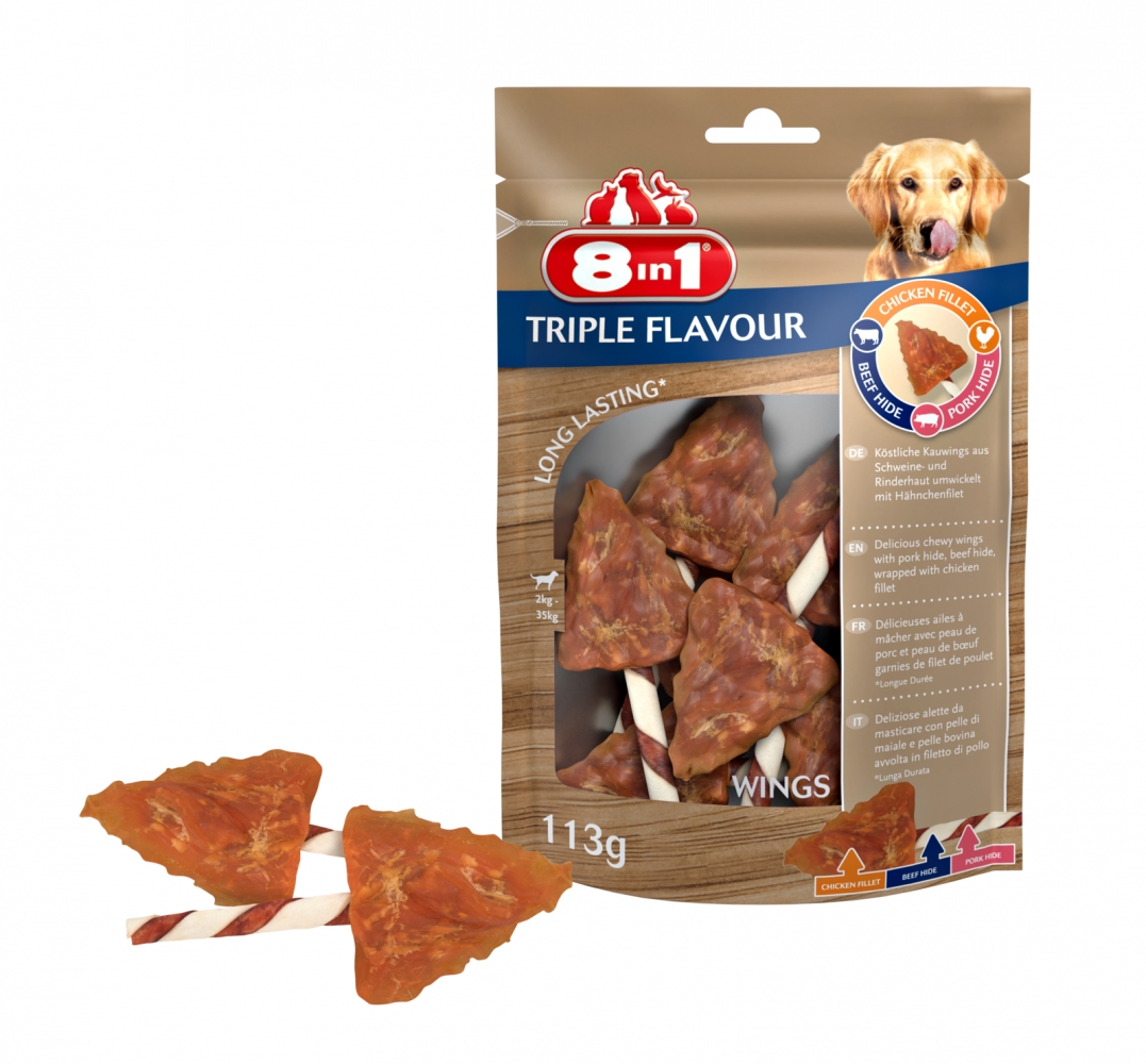 Zdjęcie 8in1 Triple Flavour Wings skrzydełka do żucia dla psów wołowina, wieprzowina i kurczak 6 szt.