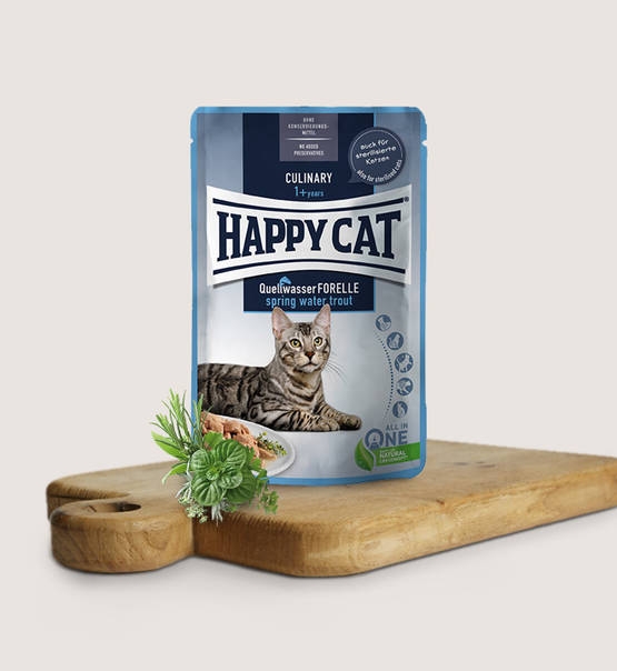 Zdjęcie Happy Cat Culinary Meat in Sauce Spring Water Trout saszetka dla kota kawałki pstrąga w sosie 85g